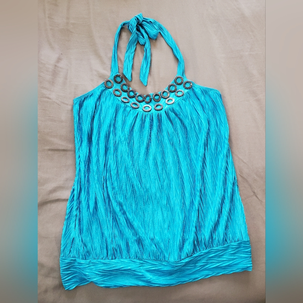 Women's neck tie top sz L blue/green/ teal
